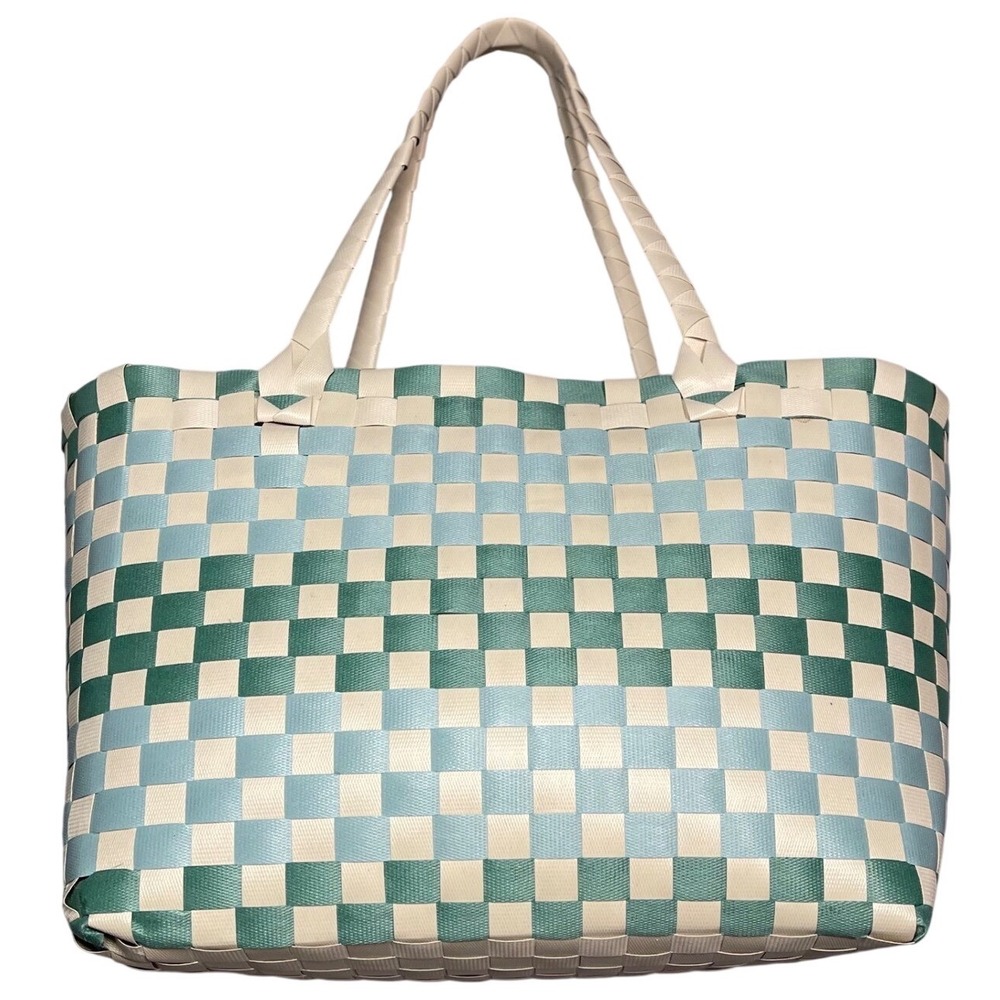 Woven Tote Bag Checkerboard Pattern Blue‎ Green Cream Beach Shopping Recycled